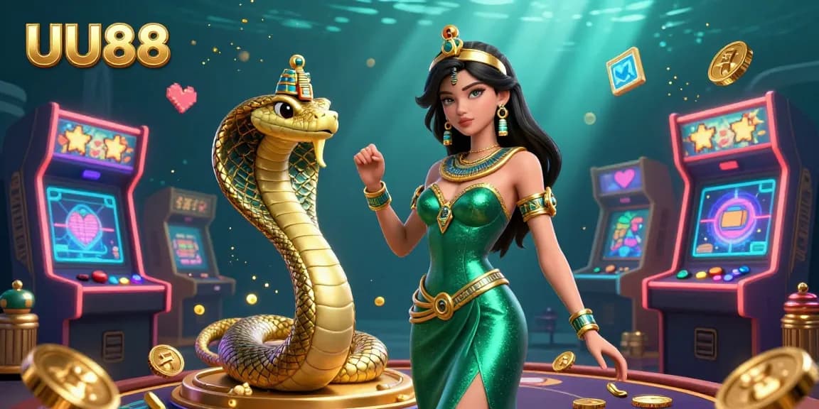 Experience thrilling slots and games with UU88 in a vibrant gaming scene featuring golden elements and colorful arcade machines.