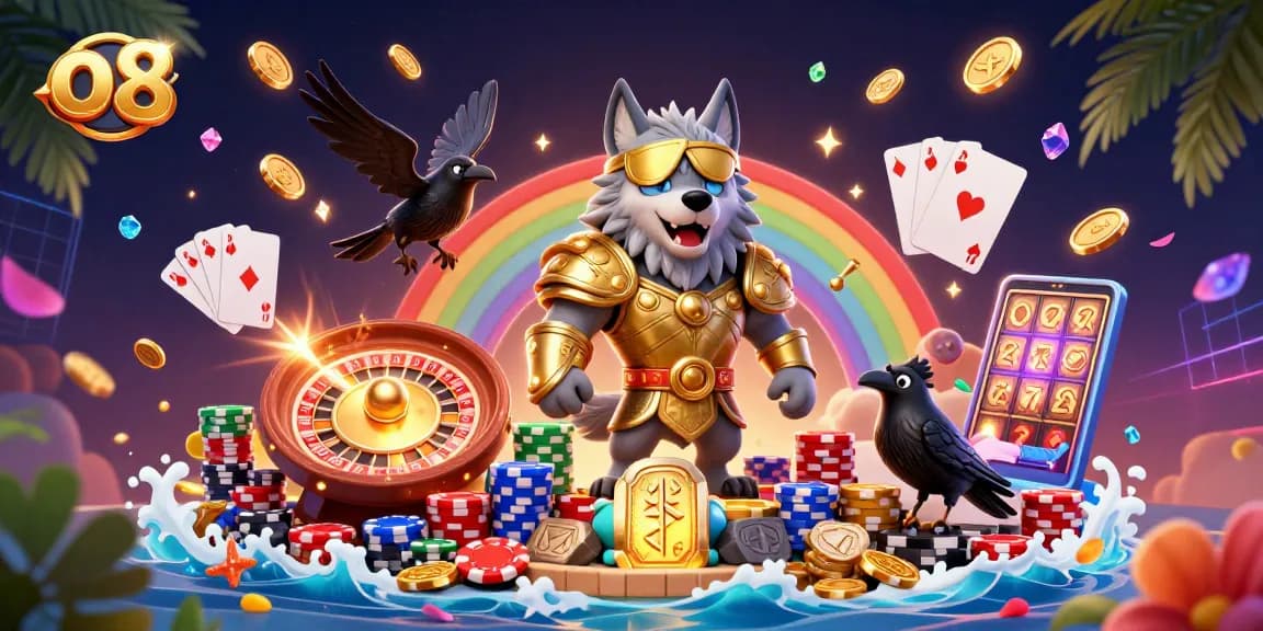 O 8 offers thrilling gaming action with a vibrant 3D scene showcasing dynamic casino elements.