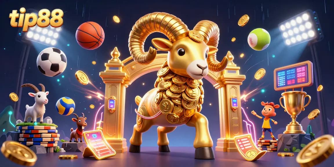 Experience the thrill with tip88's dynamic gaming scene featuring sports elements and a golden ram.
