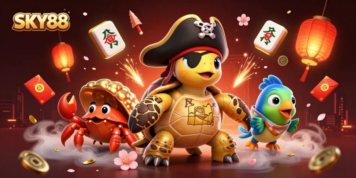 Experience the excitement of SKY88 with vibrant characters and festive gambling elements in action.
