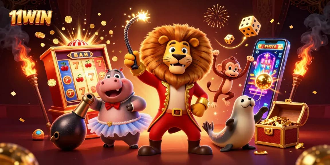 Play slots at 11WIN and experience the thrill of jackpots with lively casino characters.