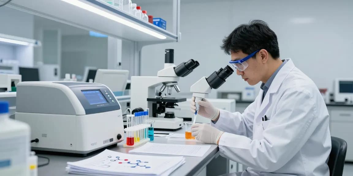 Scientist analyzing SwissChems Peptide in a modern laboratory with precise equipment.