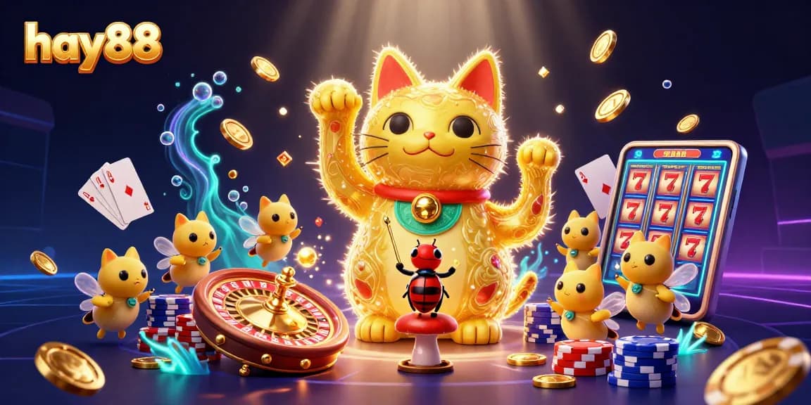 Engage with hay88 casino's vibrant scene of a lucky cat and conductor beetle amid dynamic gaming elements.