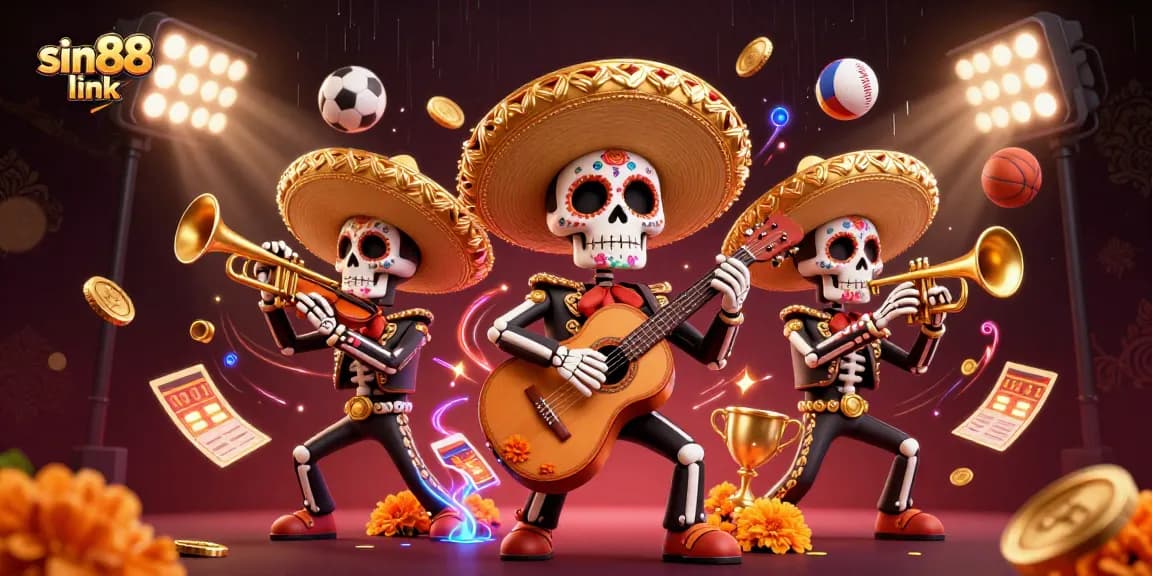 Engage with the sin88 link in this vibrant illustration showcasing lively skeleton mariachi musicians amid dynamic sports betting elements.