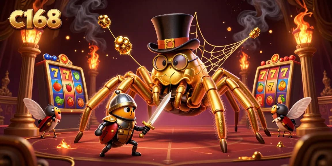 Experience thrilling c168 gaming adventures with a golden tarantula and beetle knight in a vibrant casino.