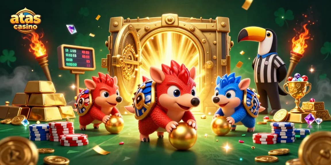 Experience vibrant action at atas casino with 3D pangolins bowling poker chips in a treasure-filled scene.