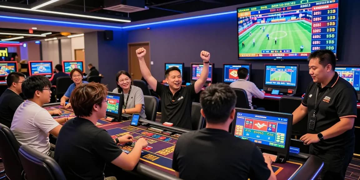 LUCK8 interactive online gaming platform with live-action betting scene featuring diverse players and vibrant digital displays.
