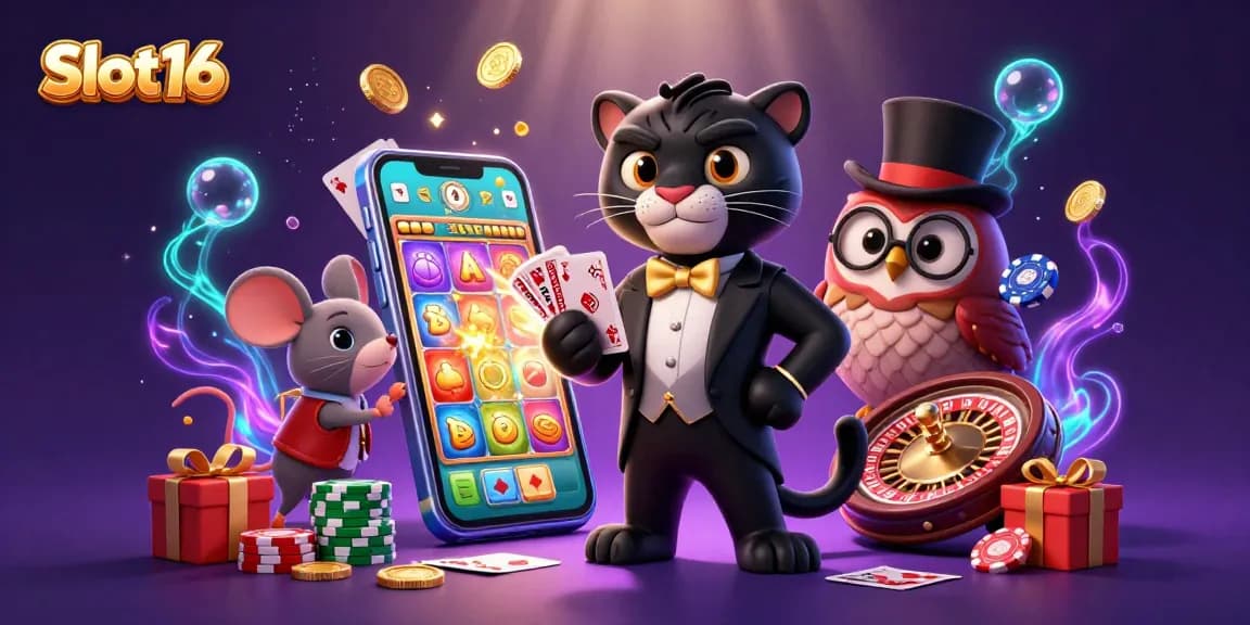 Experience Slot16 with a charismatic panther dealer and vibrant casino elements in a magical scene.