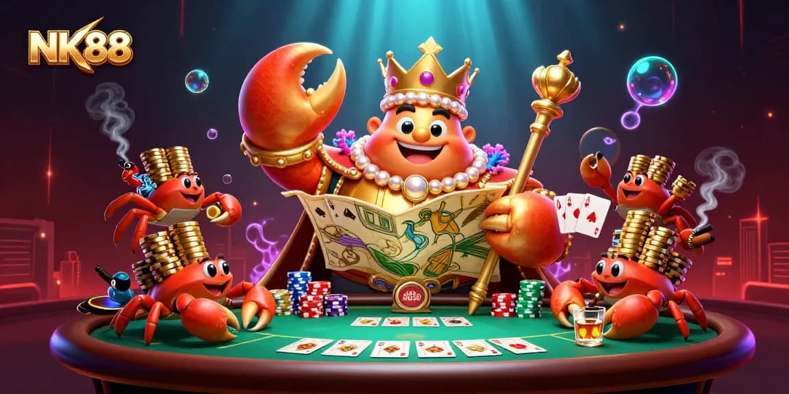 Experience the excitement of NK88 with a golden crab emperor leading a vibrant casino scene filled with poker action.