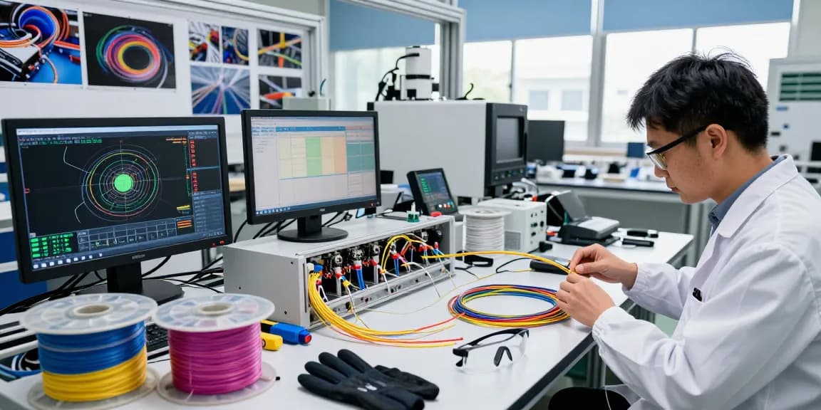 Technician inspecting fiber optic cables in modern lab for quality assurance and precision.