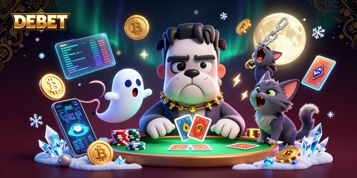 DEBET game scene featuring a Frankenstein bulldog monster dealing cards with a ghost mouse and werewolf kitten
