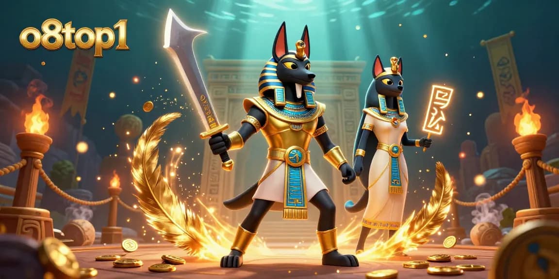 Engage with thrilling casino action at o8top1, featuring Anubis and Bastet in a vibrant gaming arena.