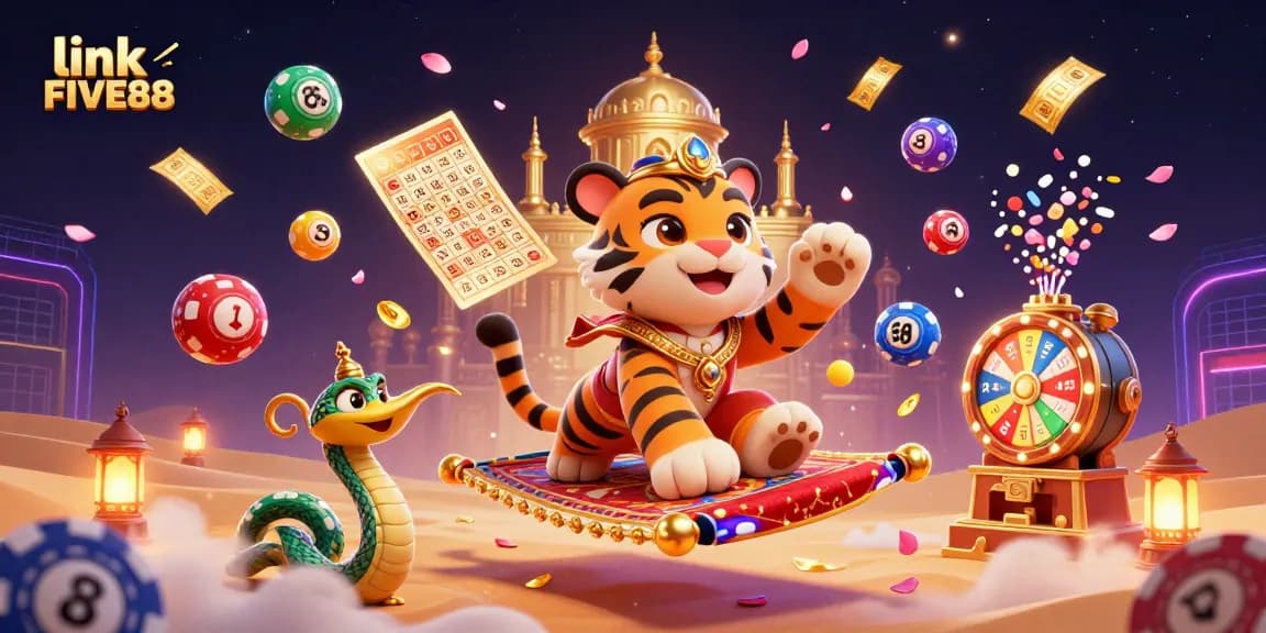 Engage in thrilling gaming with link FIVE88, as colorful lottery elements burst across an enchanting desert scene.