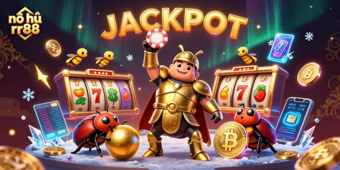 Nổ hũ rr88 captivates players with a vibrant, detailed scene of jackpot celebrations and interactive game elements.