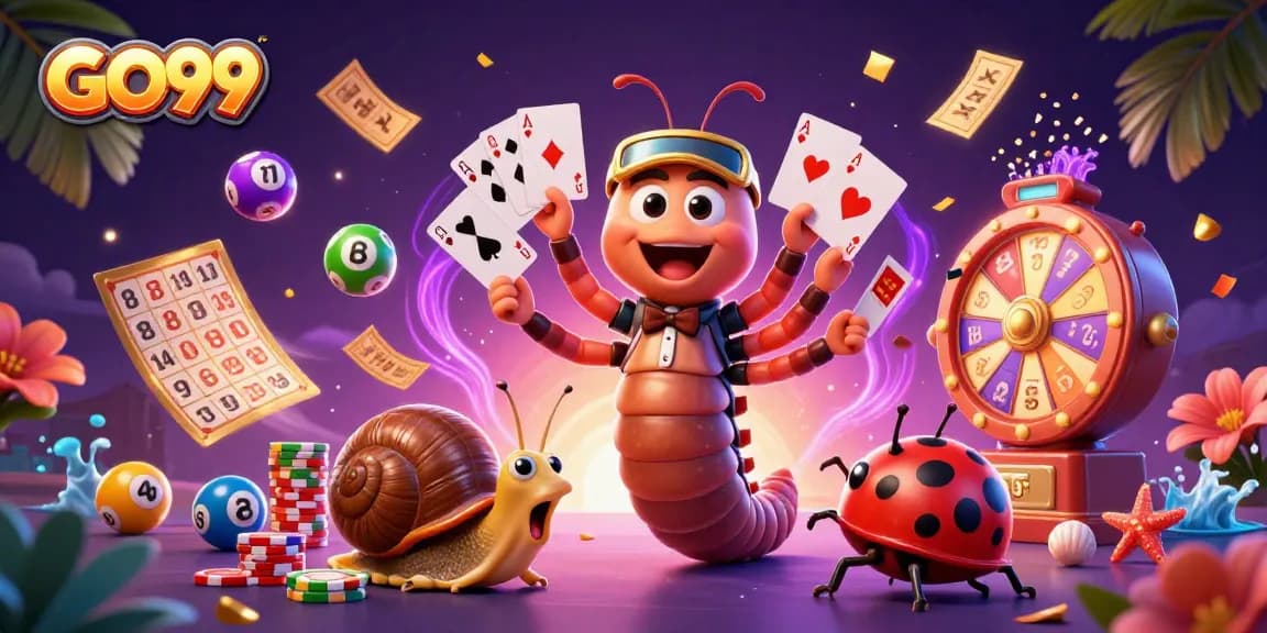 Experience the excitement of GO99 with a vibrant 3D casino scene featuring colorful characters and games.