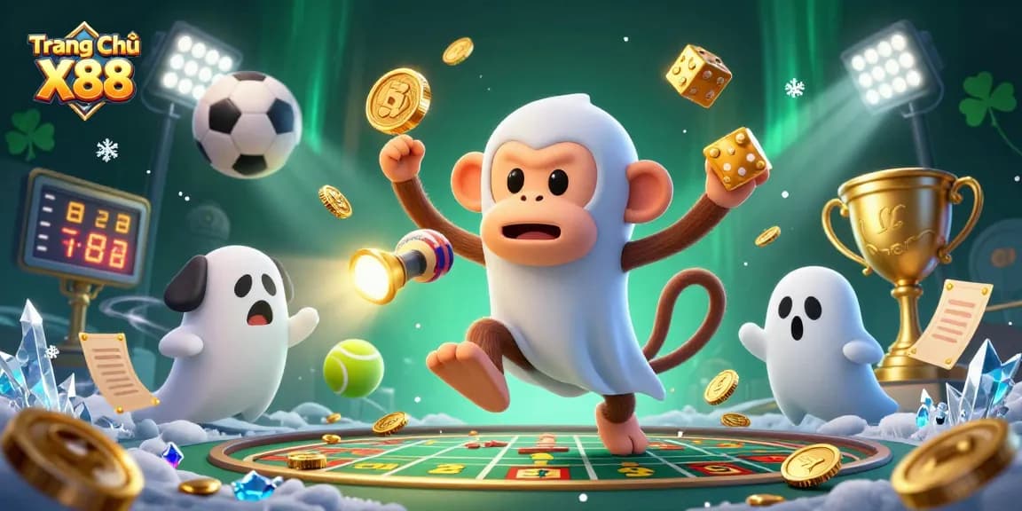 Experience the excitement at Trang Chủ X88 with a dynamic casino illustration featuring gaming elements and playful characters.