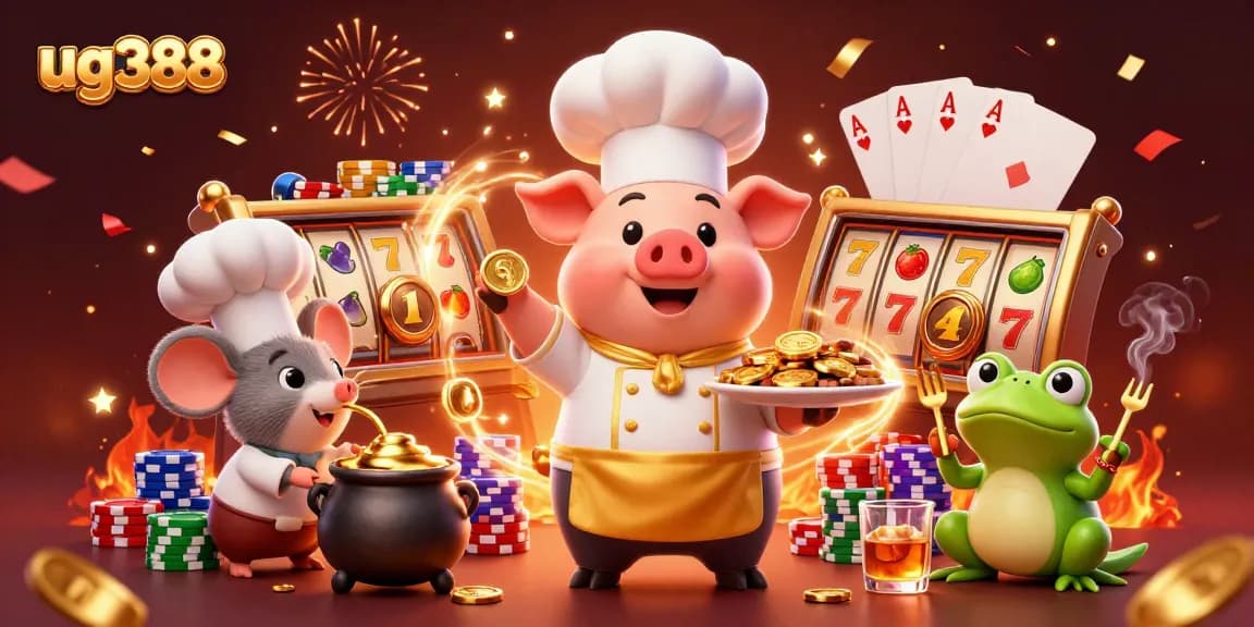 Join the excitement at ug388 with a charming 3D chef pig serving gold coins in this vibrant gaming scene!
