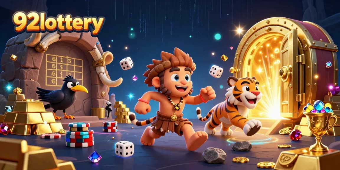Win big with 92lottery at the vibrant prehistoric casino, showcasing gold treasures and fun!