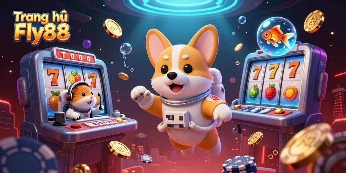 Engage in top-tier gaming with Trang chủ Fly88 in an exciting casino scene featuring a playful astronaut corgi and floating elements.