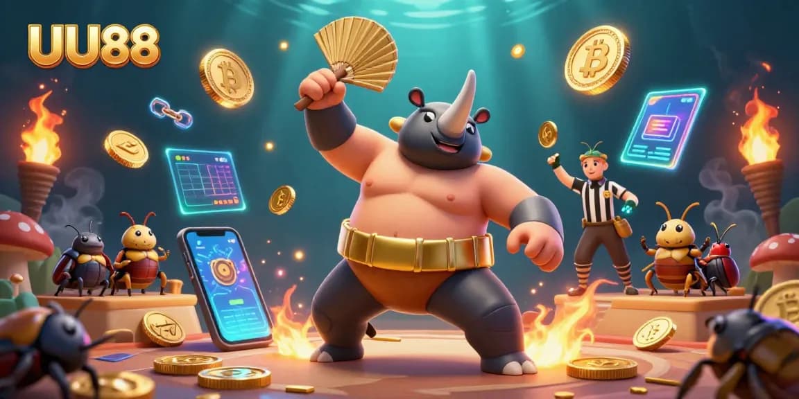 Experience thrilling gameplay with UU88, featuring a beetle sumo champion amidst floating crypto coins.