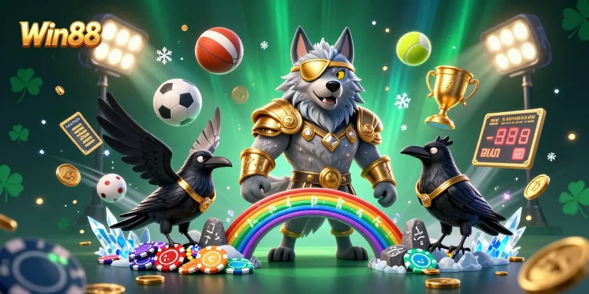 Engage in thrilling gameplay with Win88 featuring Odin and his ravens amidst a vibrant sports theme.