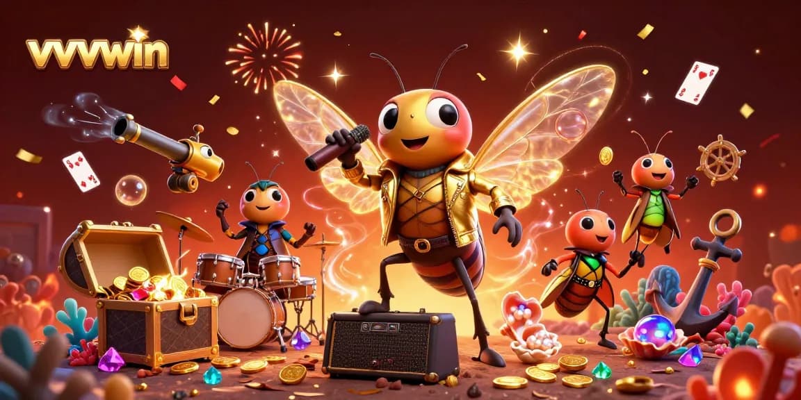 Experience exciting winnings at vvvwin with 3D cartoon characters in a vibrant casino scene filled with treasures.