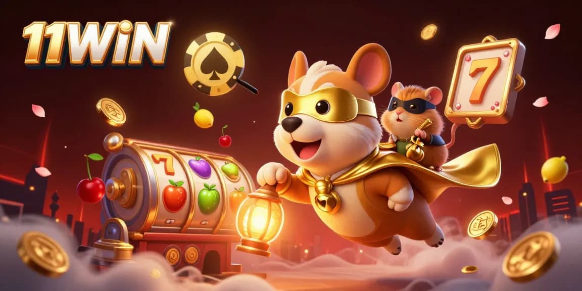 Experience thrilling wins with 11WIN as the superhero dog flies amidst slots, gold coins, and vibrant gaming elements.