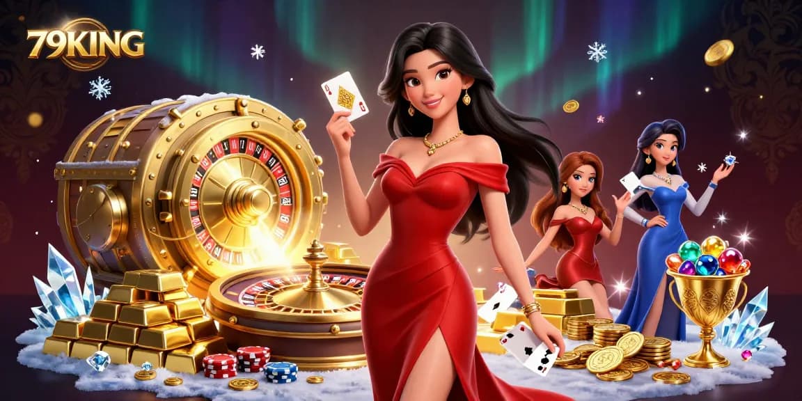 Experience thrilling gameplay at 79KING with elegant cards and treasures in a vibrant casino scene.