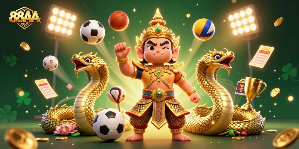 Experience the excitement of 88AA with dynamic sports elements and vivid illustrations in a vibrant gambling scene.