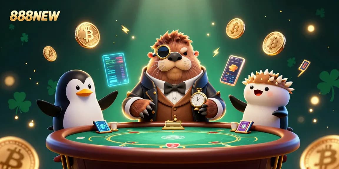 Engage with the 888NEW poker scene featuring a jolly walrus, penguin dealer, and a bluffing pufferfish.
