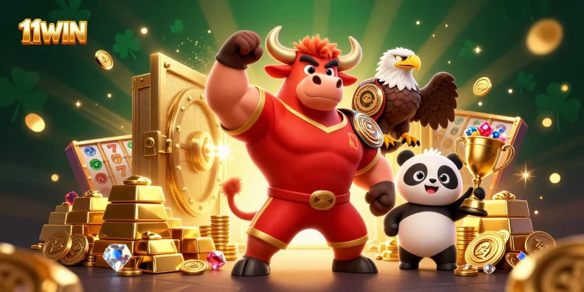 Win big with 11WIN as a bull champion celebrates victory surrounded by slot reels and treasures.