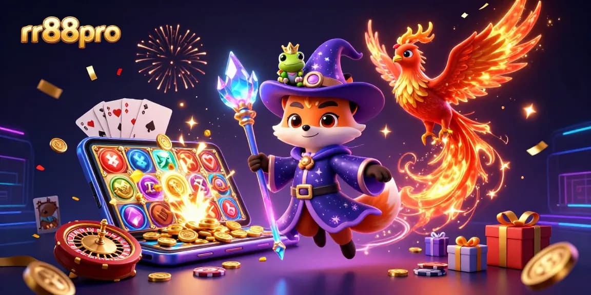 Engage with rr88pro in a magical 3D casino adventure featuring a wizard, phoenix, and vibrant game elements.