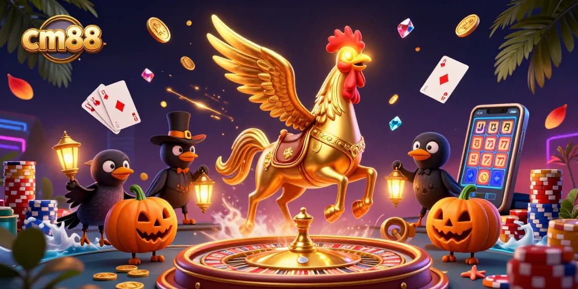 Experience cm88's vibrant casino atmosphere with golden rooster and mystical elements. Join the excitement now!