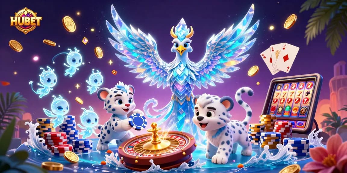 Play dynamic casino games with HUBET featuring an ice phoenix, snow leopard cub, and glowing sprites.