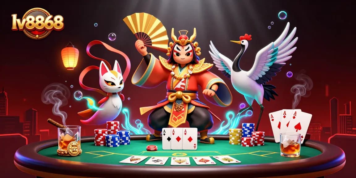 Experience thrilling poker action at lv8868 with a vivid 3D casino scene featuring kabuki warriors and poker elements.