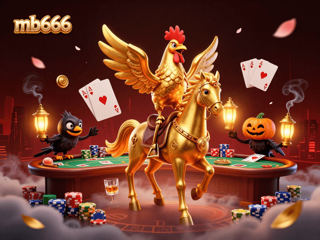 Experience mb666 at a vibrant casino scene with a golden rooster and poker elements.