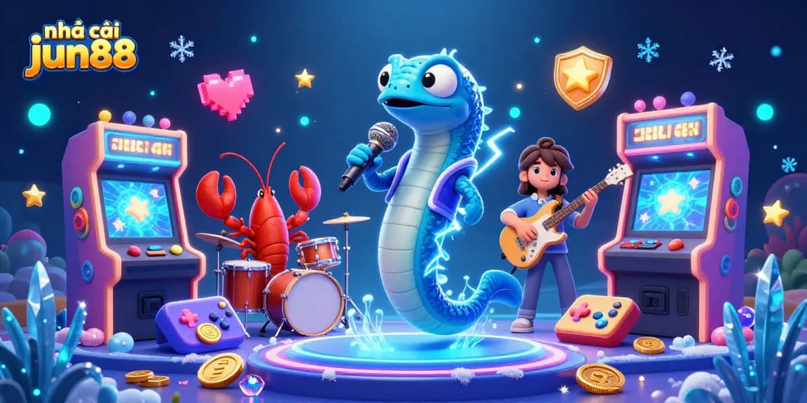 Experience the vibrant underwater ambiance at nhà cái jun88's animated casino stage featuring a DJ electric eel.