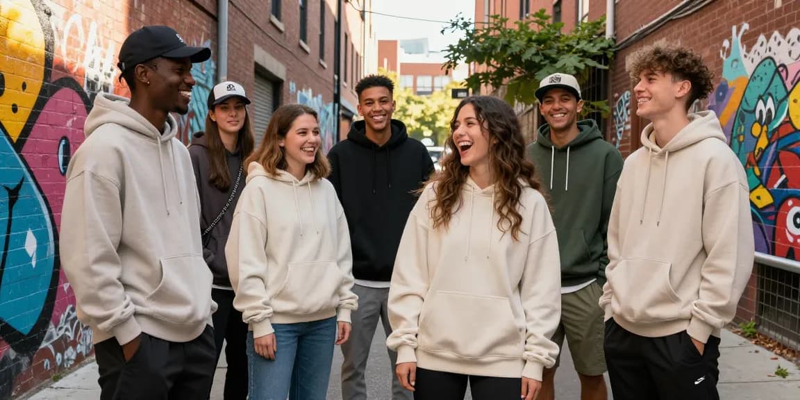Friends showcasing stylish essential hoodies in a vibrant city setting.
