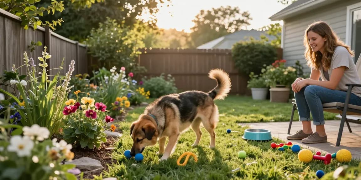The 3-3-3 rule for rescue dogs illustrated with a dog exploring a yard, highlighting adjustment and comfort.