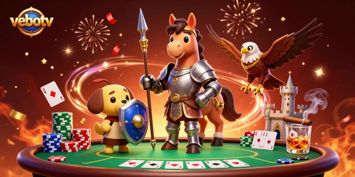 Betting on vebotv as cartoon knight and puppy celebrate poker night with vibrant casino elements.