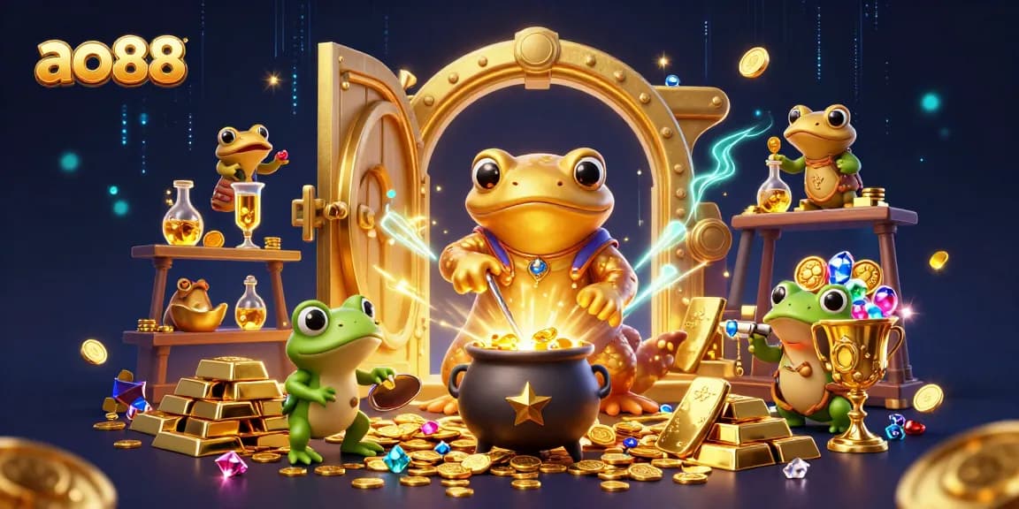 Experience the thrills of ao88 with a vibrant 3D illustration of alchemists turning base metals into gold coins, showcasing the gaming excitement.