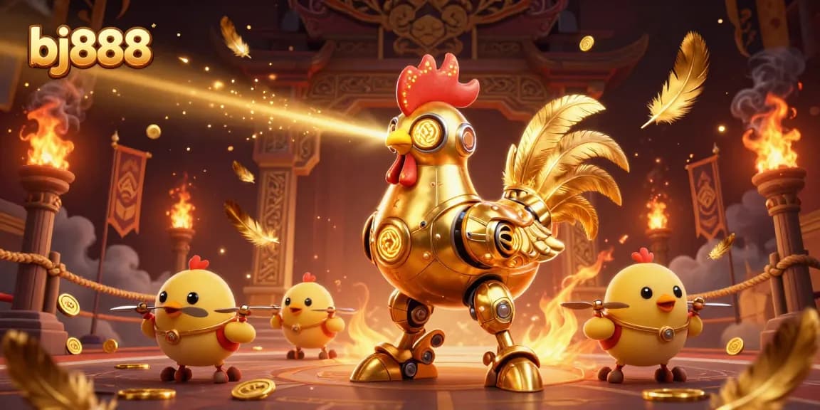 Experience thrilling gameplay at bj888 with a dynamic 3D scene featuring a golden rooster robot and vibrant gambling elements.
