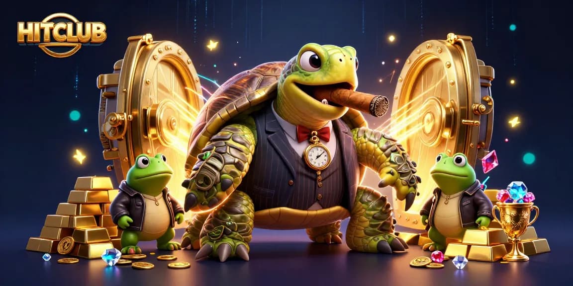 HITCLUB showcases an exciting casino scene with a mobster turtle and bullfrog enforcers surrounded by treasures and gaming elements.