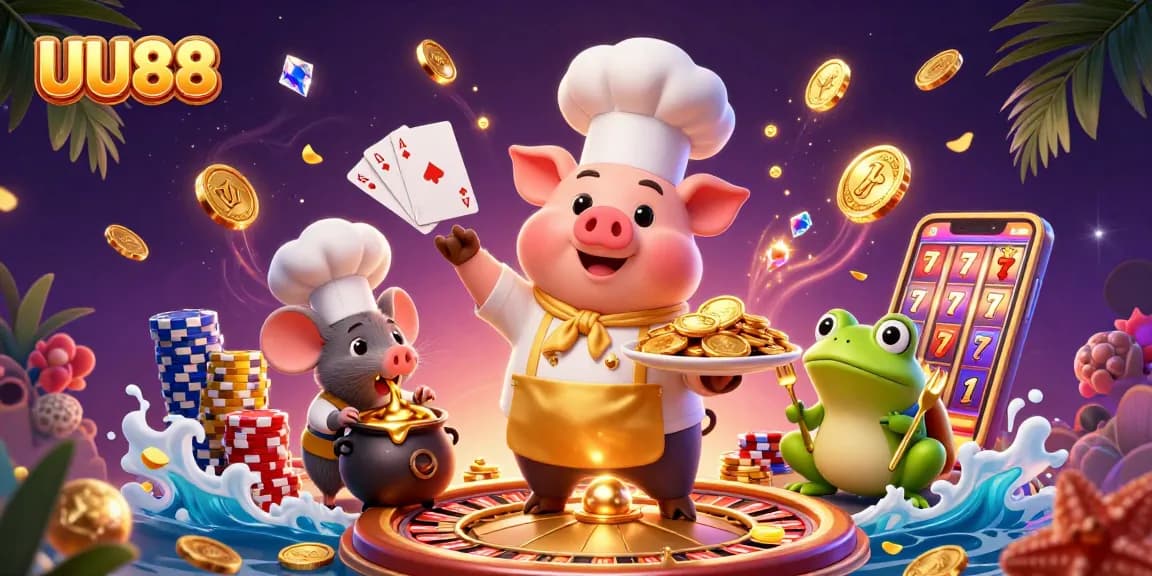 Experience the thrill at UU88 with a vibrant 3D casino scene featuring chefs, gold coins, and gaming elements.