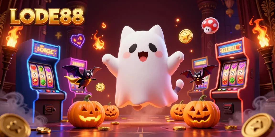 Engage in thrilling slots with LODE88 featuring a ghost cat and arcade games in a spooky casino.