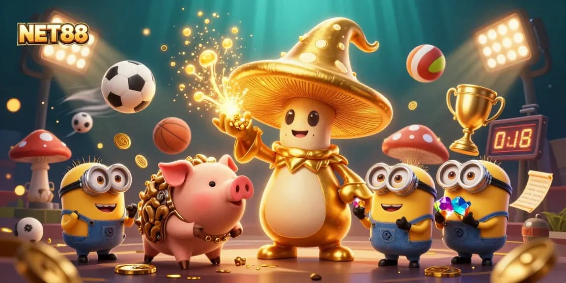 Engage in NET88 sports betting excitement with a golden wizard, truffle pig, and dynamic elements.