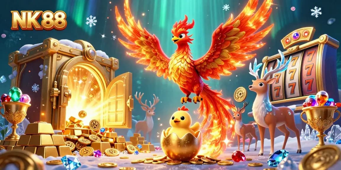 Experience the thrill of winning at NK 88 with a vibrant 3D phoenix and mystical stag in a casino setting.