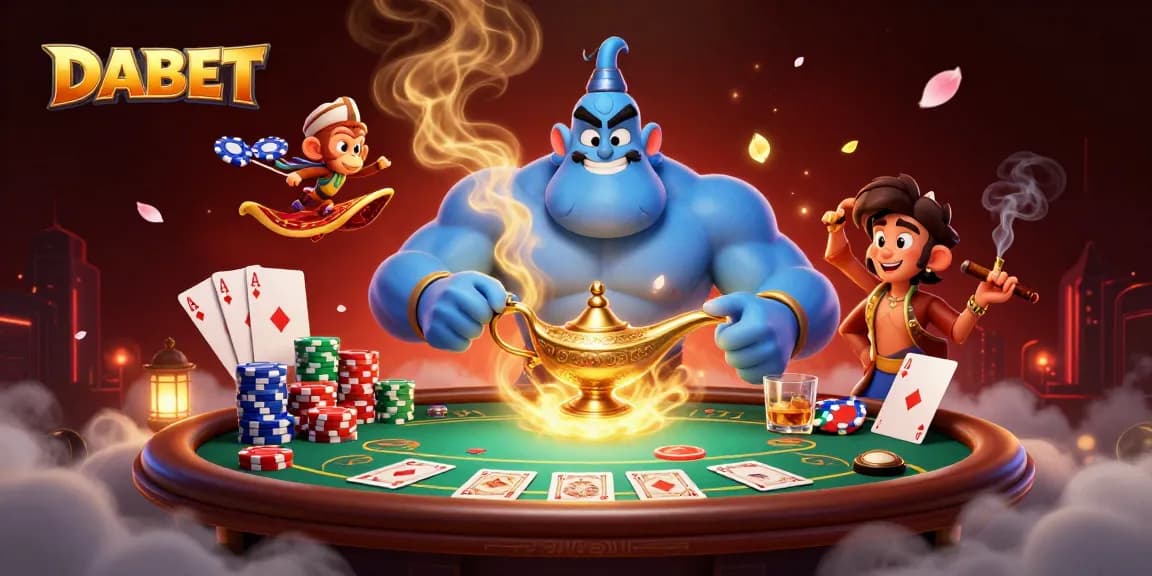 DABET showcases a magical scene with a mystical genie, poker chips, and a dramatic poker table atmosphere.