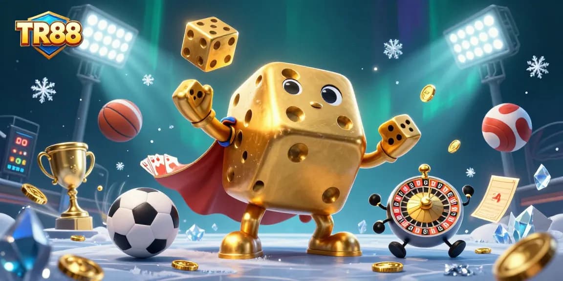 TR88 features a dynamic 3D illustration of a playful golden dice golem with vibrant sports elements surrounding it.