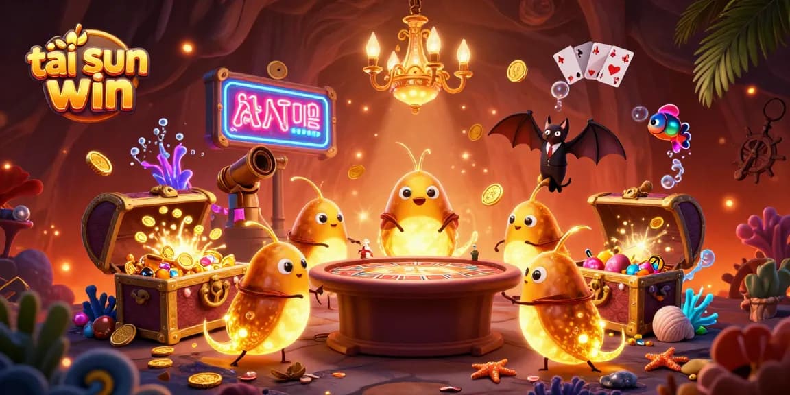 Engage with the vibrant scene featuring tải sun win and glowworms in a lively cave casino, highlighting gold and gems.